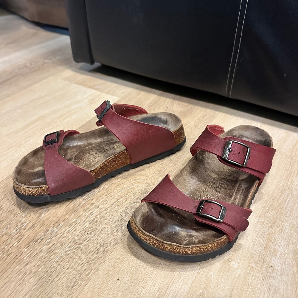 Betula by Birkenstock Womens 36 Red Burgundy 2 Strap Buckle Cork‎ Sandals Slides